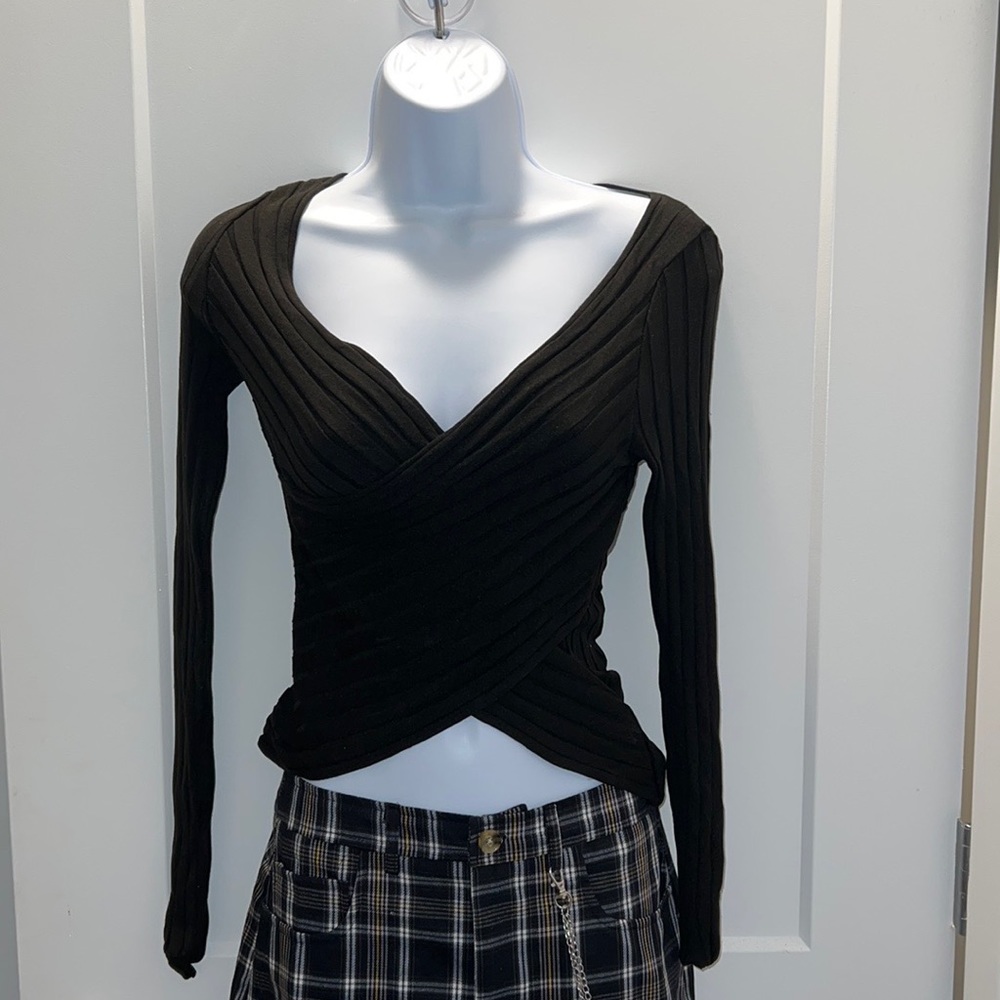 Urban Outfitters Black Ribbed Wrap Top